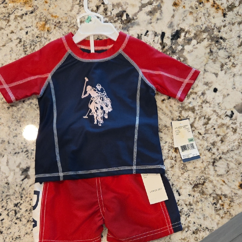U.S. Polo Assn. Red and Blue Rashguard Swim Set